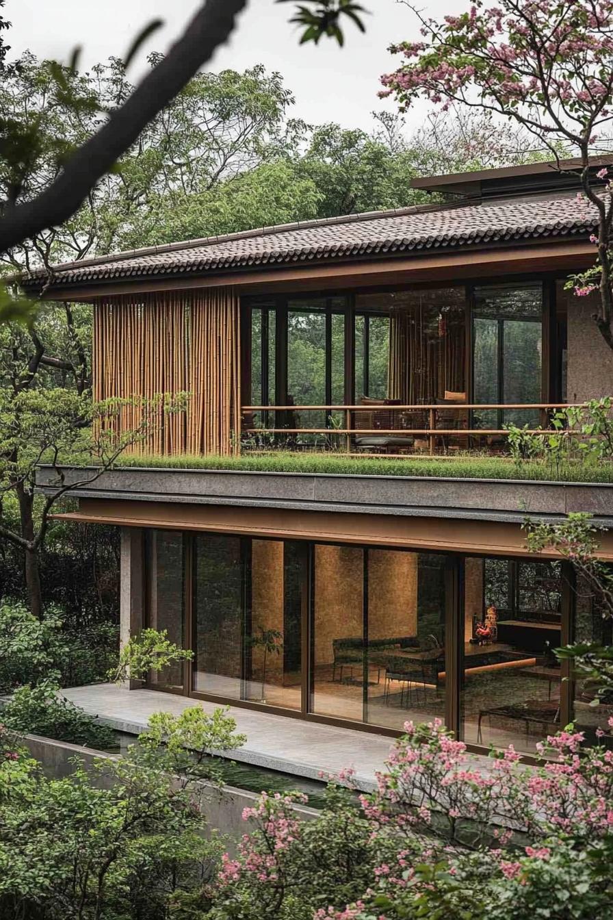 Modern two-story bamboo house surrounded by lush greenery