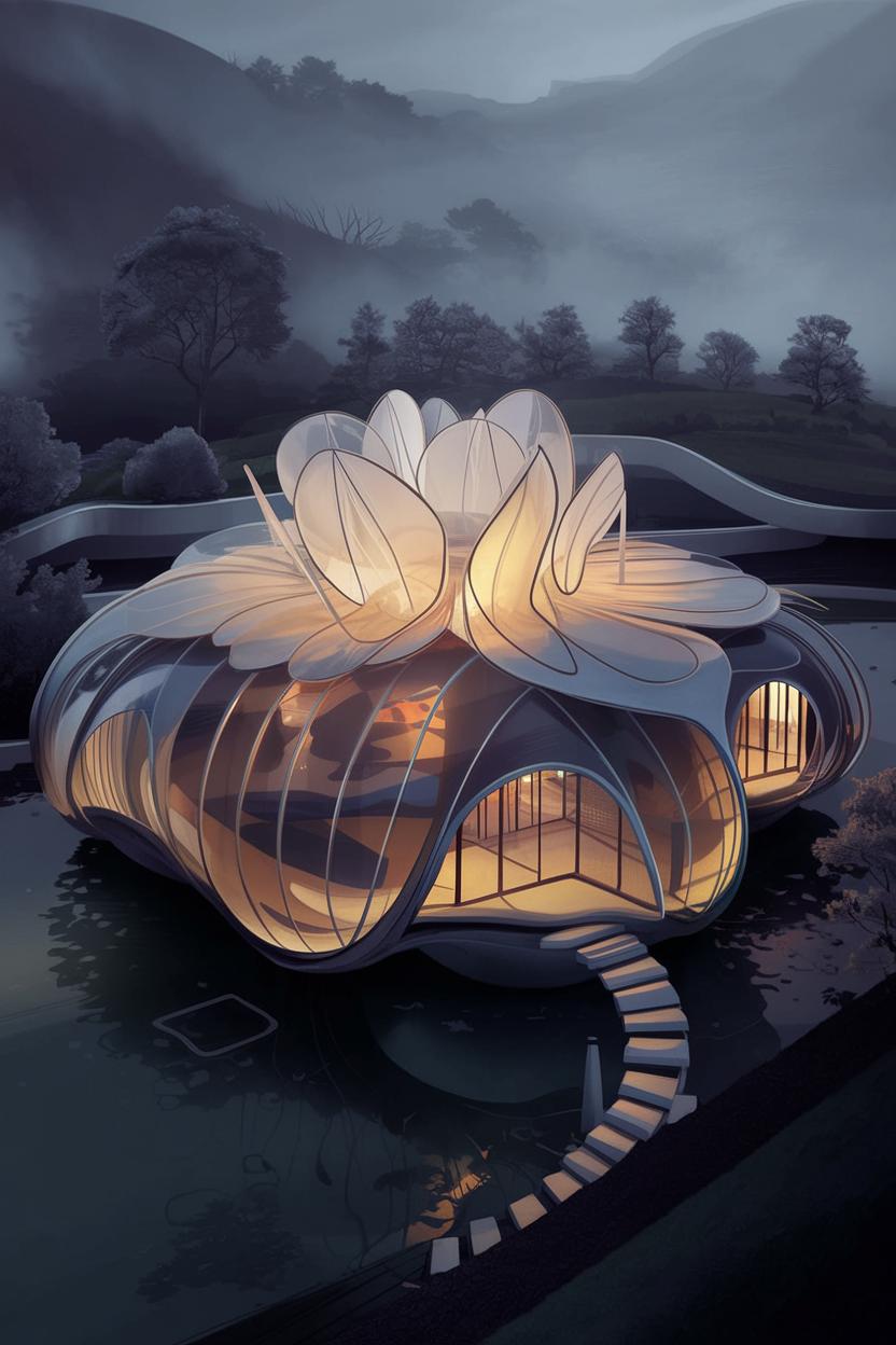 Architectural marvel resembling a glowing lotus in a serene landscape