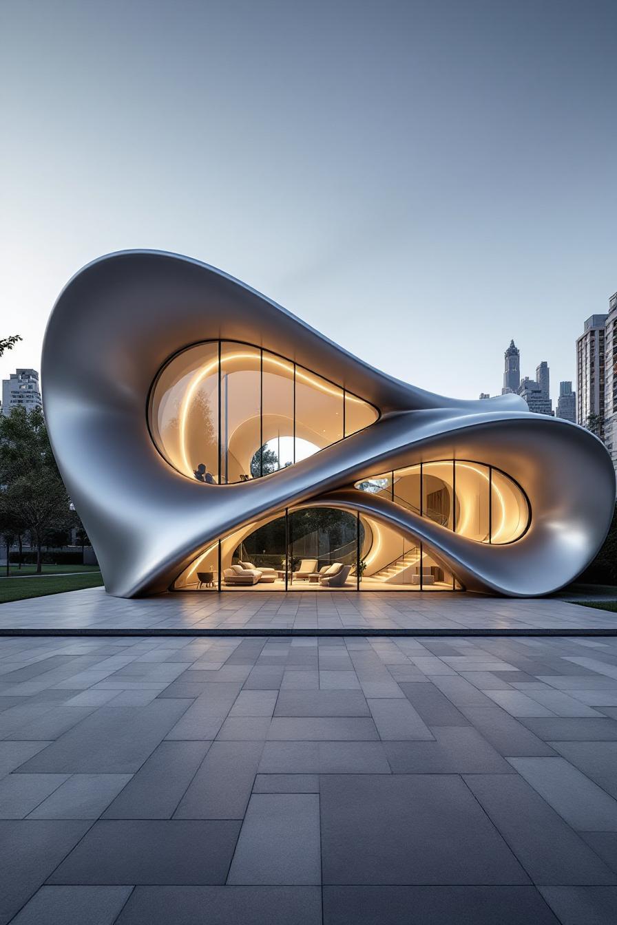 Futuristic building with a curvy, metallic exterior