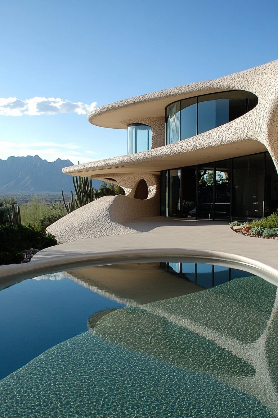 Curved, organic building with a pool and mountains in the background