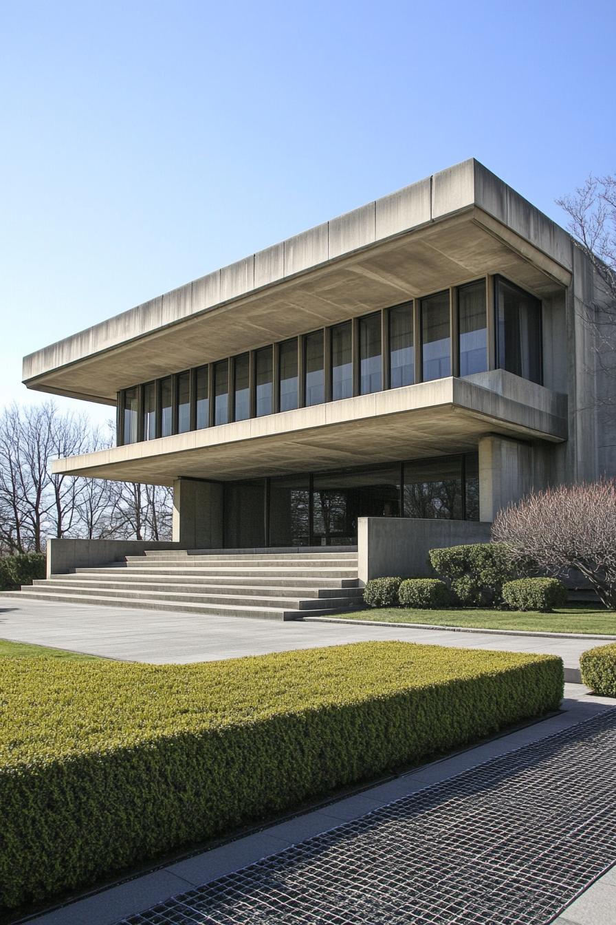 Bold concrete structure with large windows and sleek stairs