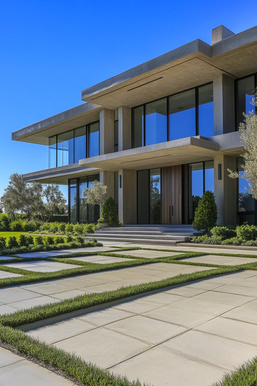 Modern concrete mansion with large glass windows and manicured lawns