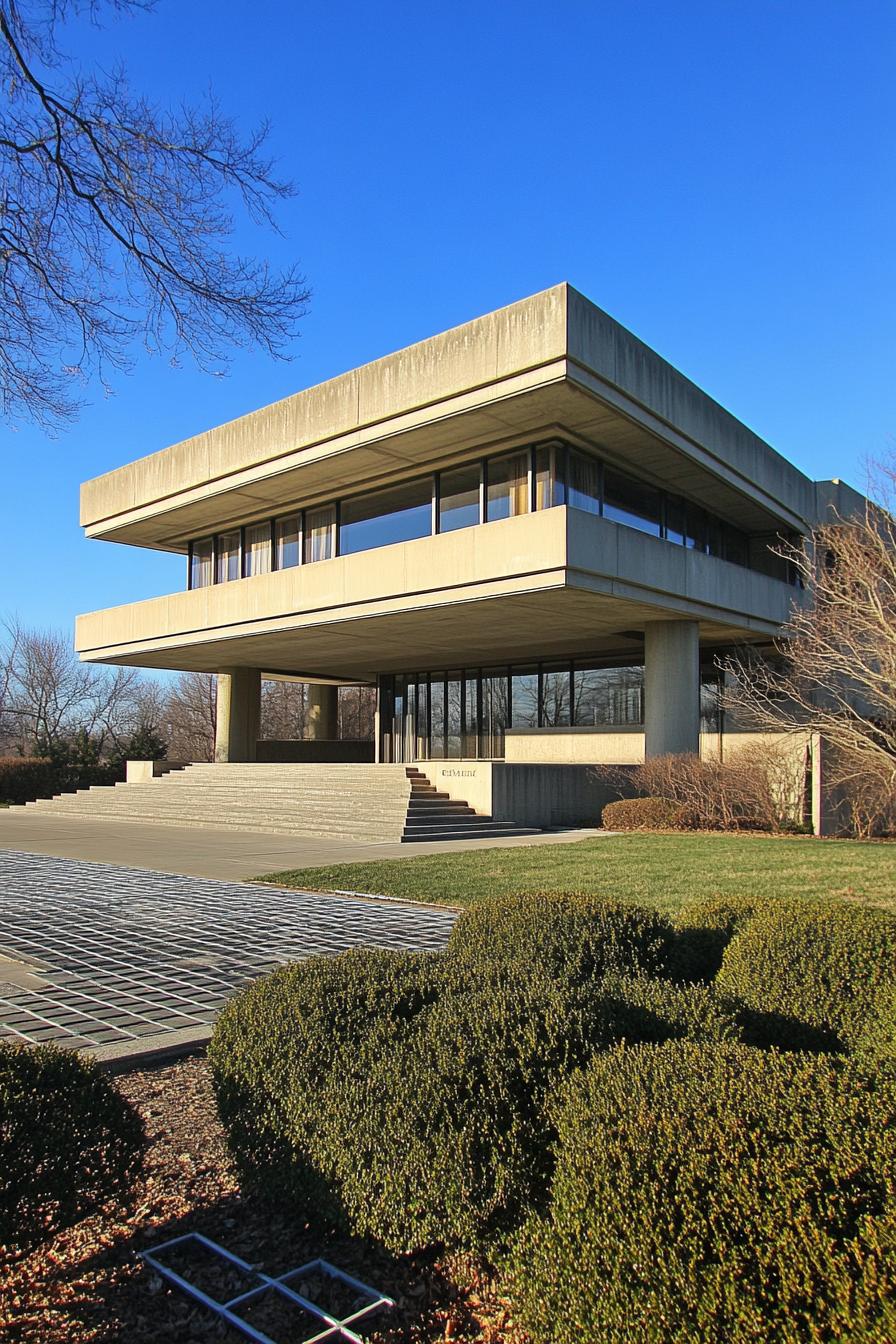 A striking concrete building with layered architecture and expansive windows