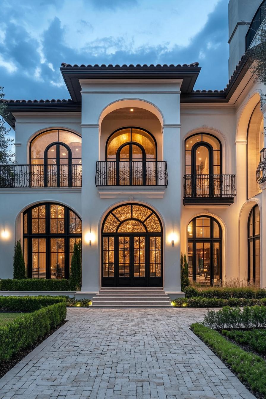 Contemporary Spanish villa with large arch windows and balconies