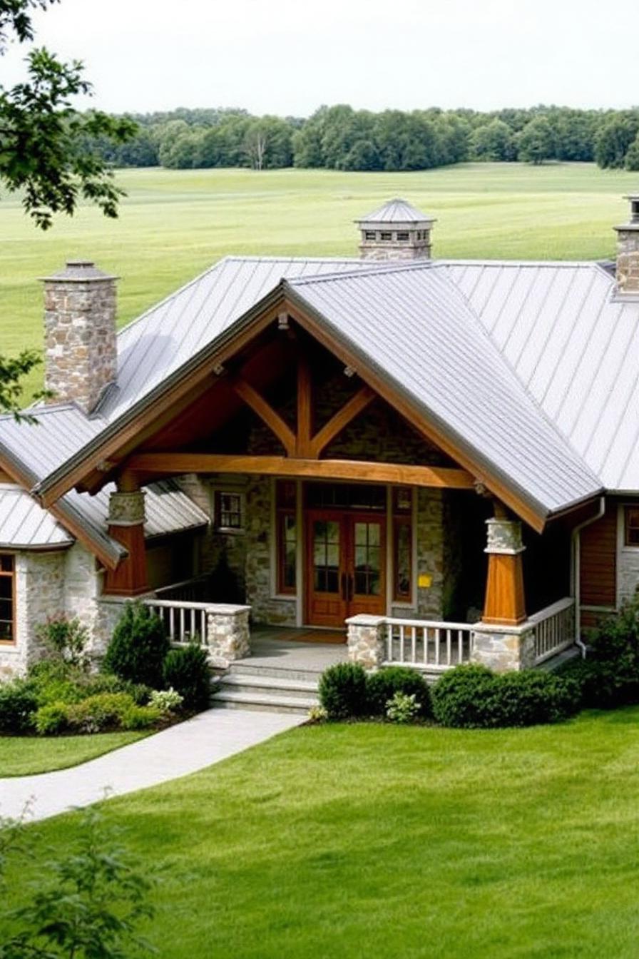 Stone house with a sloped metal roof and wide porch