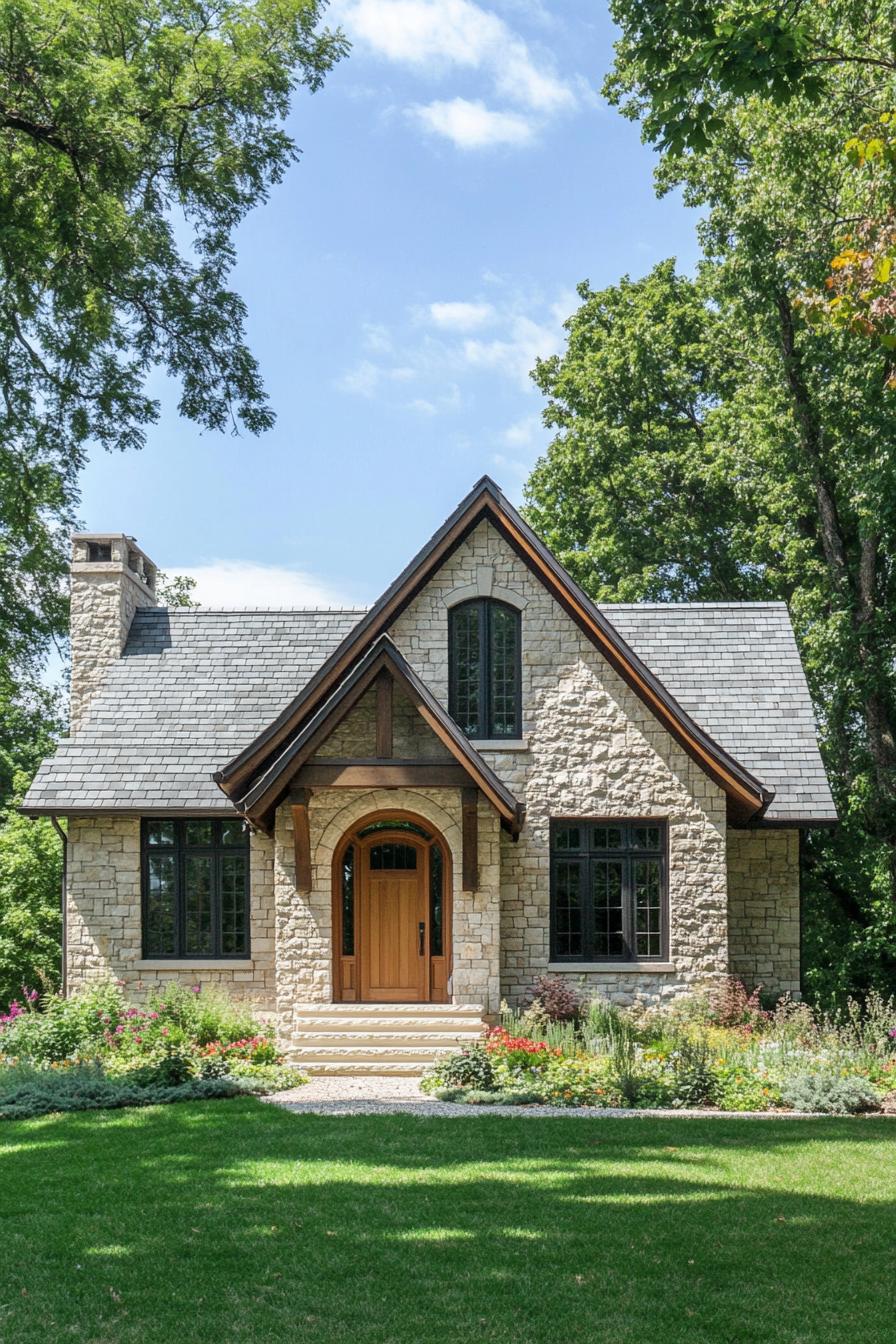 Bright stone house surrounded by trees and greenery