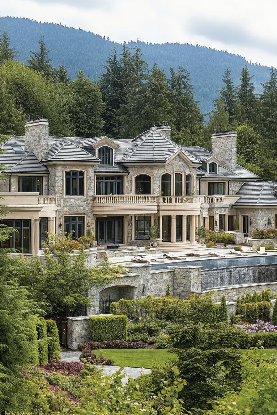 Luxury estate with cascading water feature and stone facade