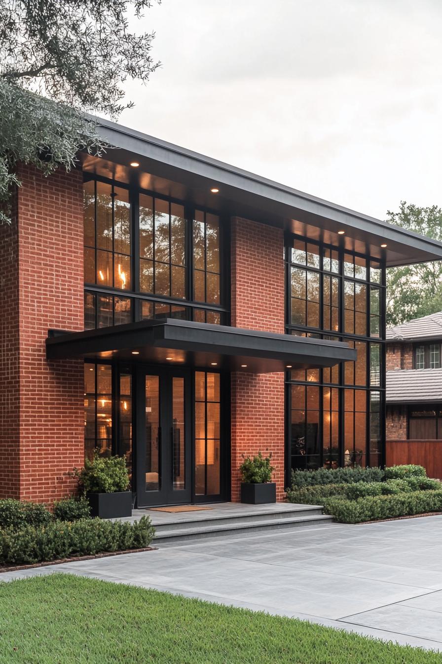 Contemporary house with large glass windows and brick facade