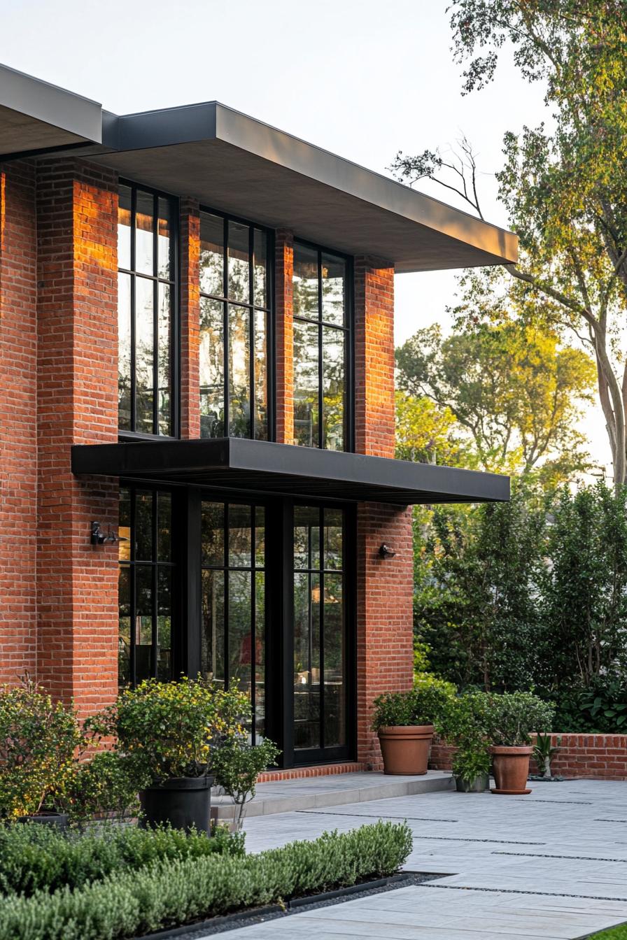 Brick exterior with large windows surrounded by lush greenery