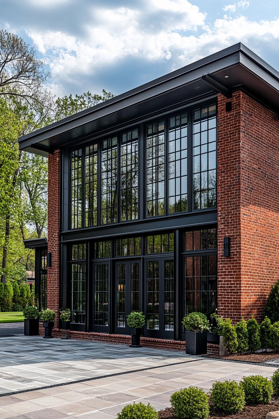 Brick house with large glass windows surrounded by greenery