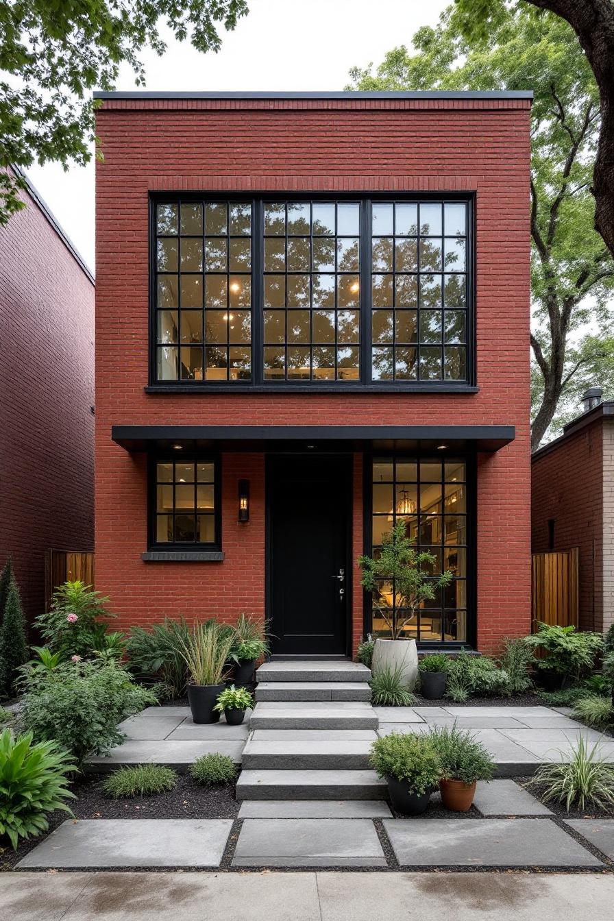 Modern brick house with large windows and a plant-lined path