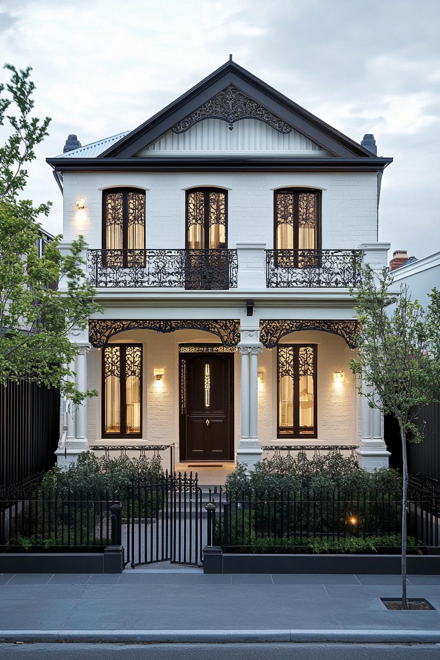 Classic Victorian house with intricate ironwork and lush greenery