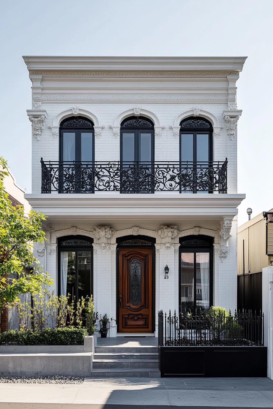 Elegant white Victorian house with ornate balcony