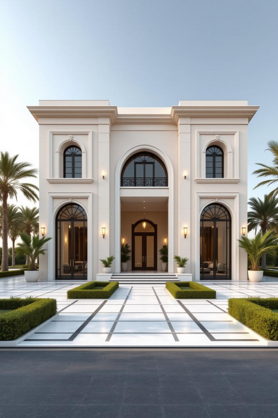 Elegant facade with arches and palm trees