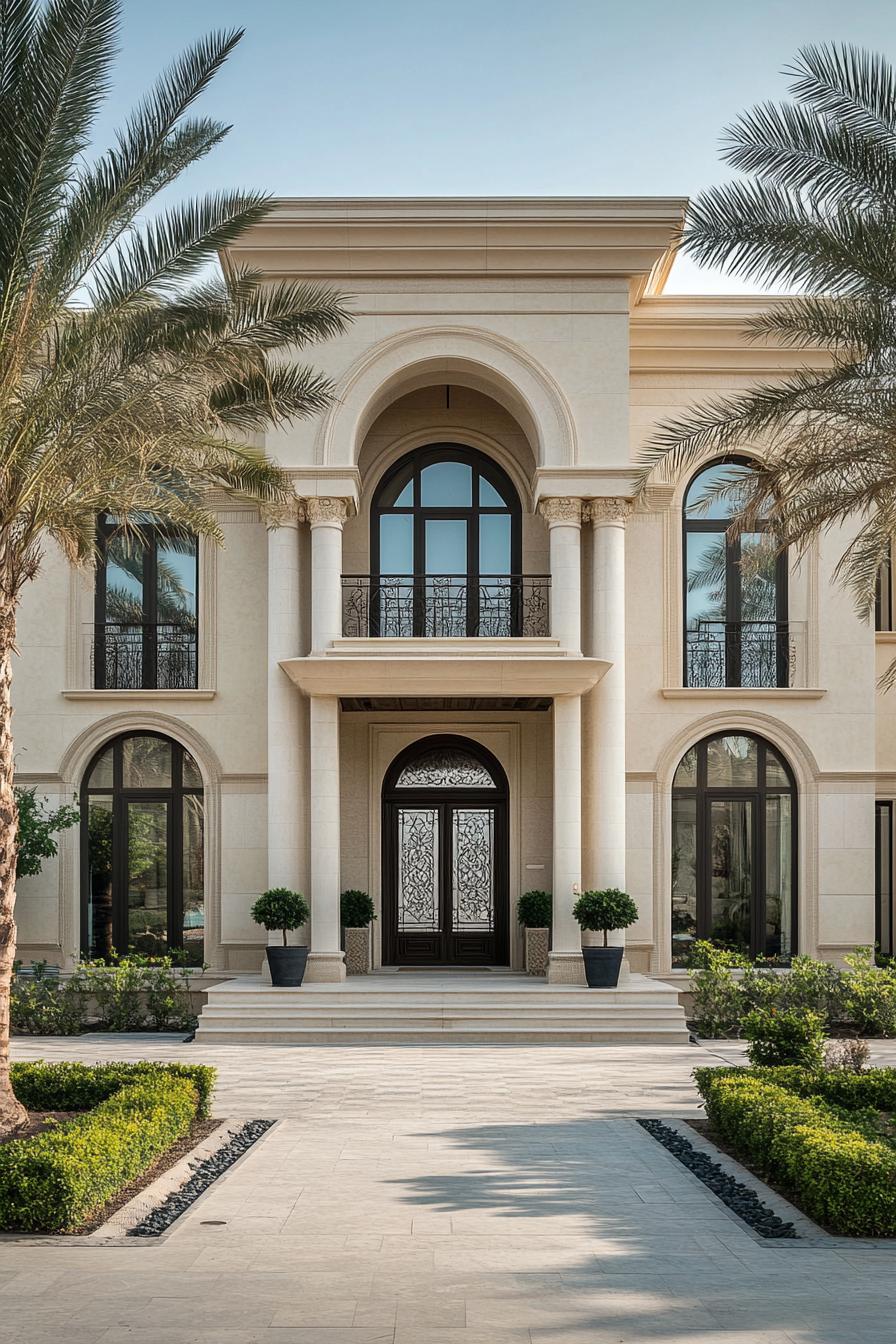 Grandiose entrance with arches and palm trees