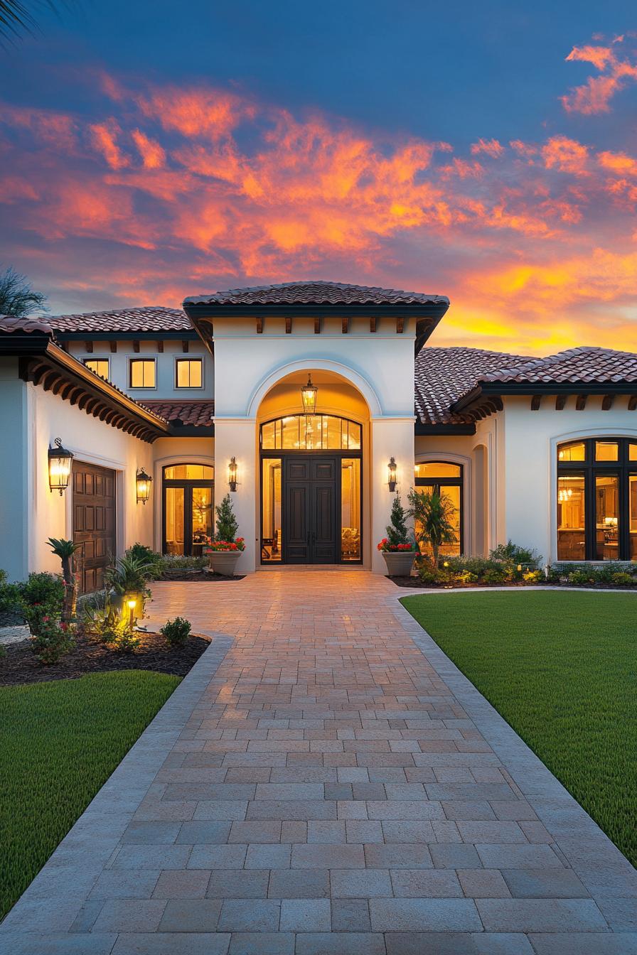 Elegant home entrance with arched doorway at sunset