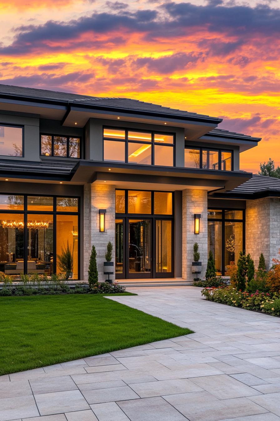 Modern house with large windows at sunset