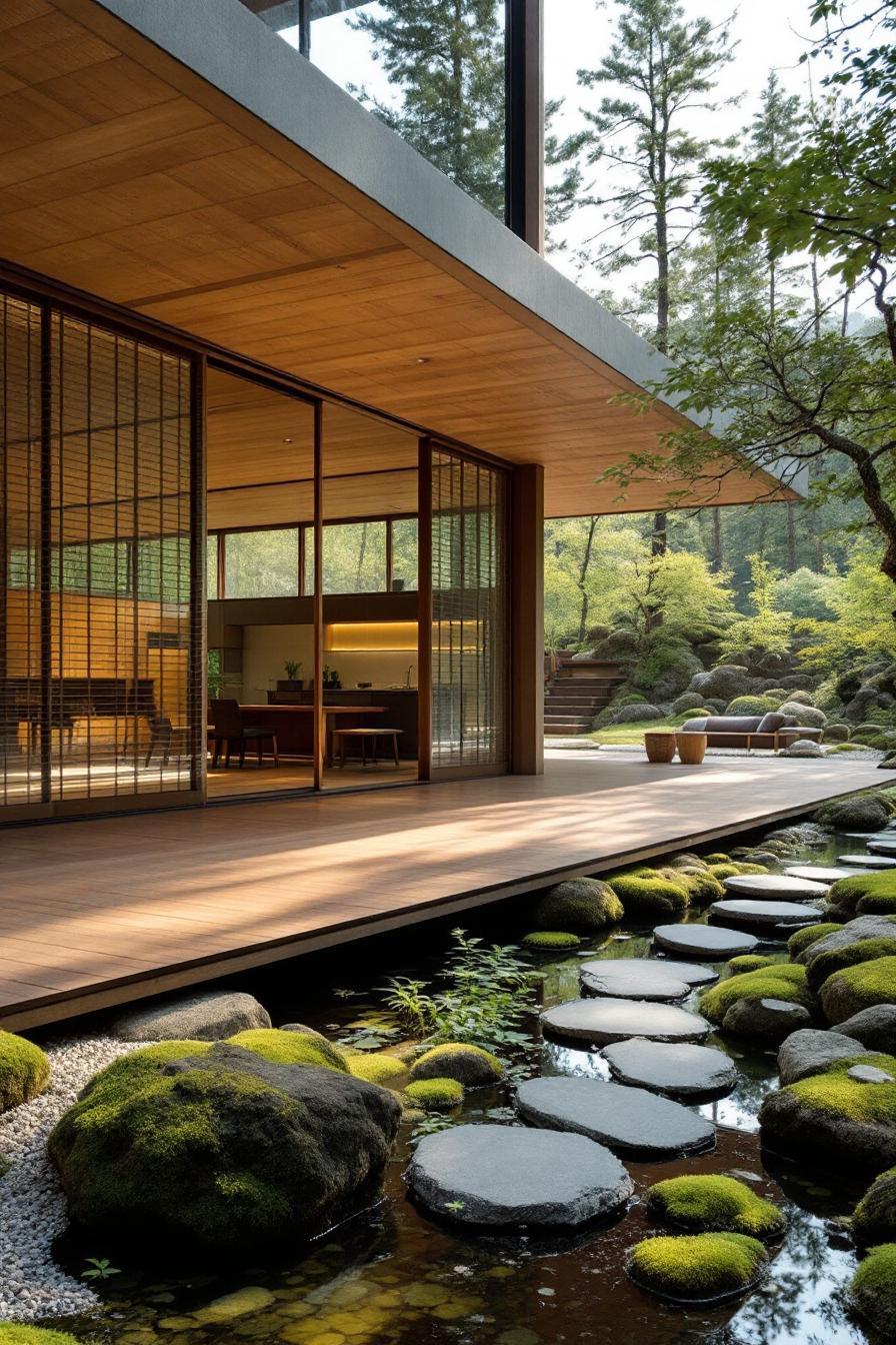 A minimalist wooden house with a stone path leading over a tranquil pond