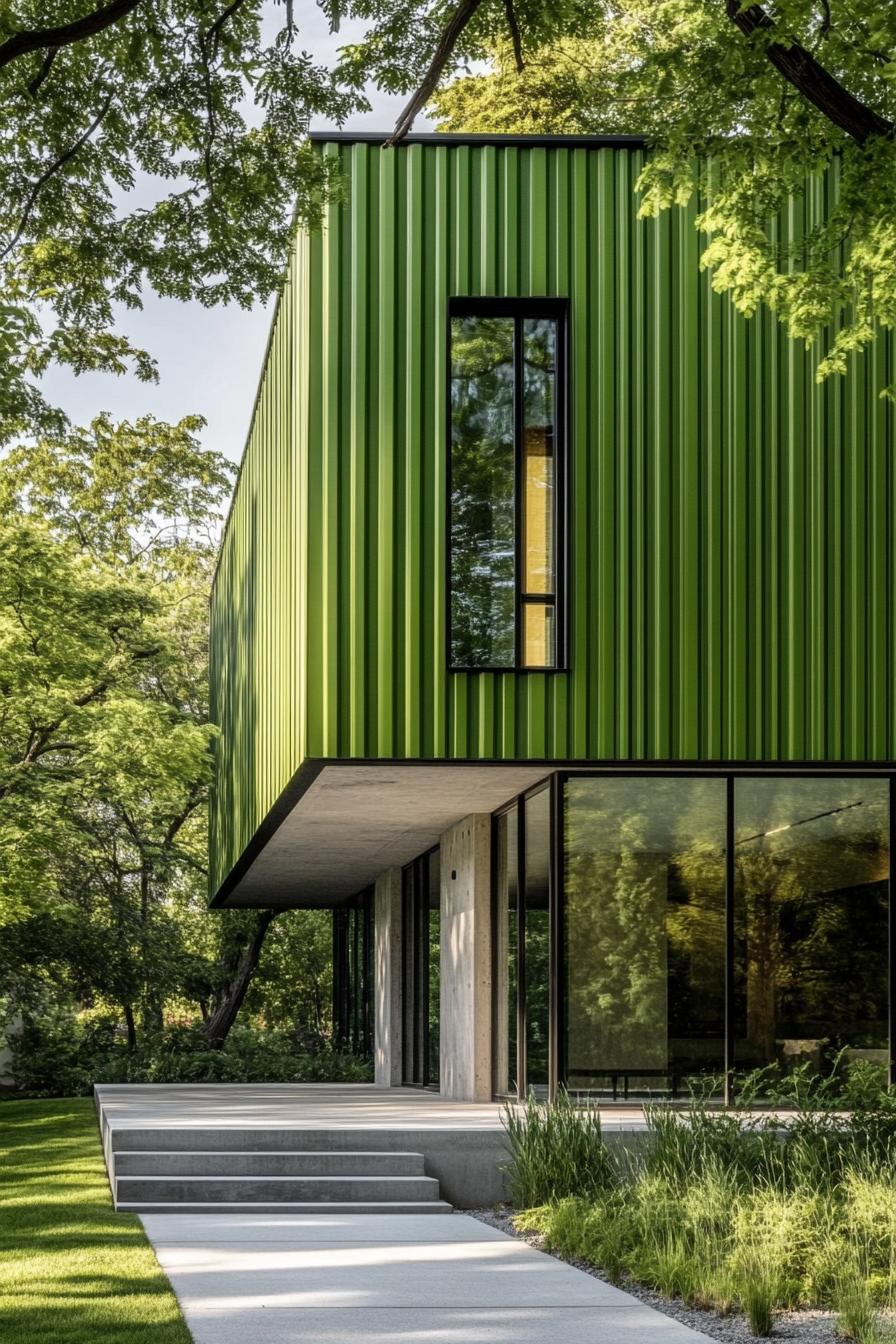 A sleek green building with vertical patterns