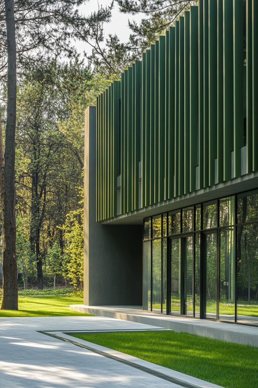 Facade with vertical green slats and glass windows