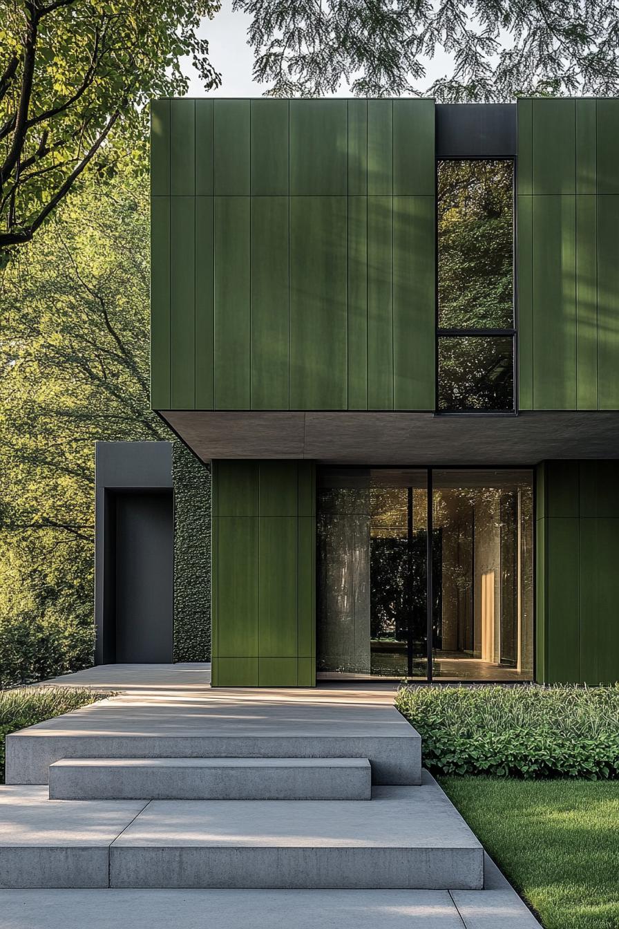 House with green panels in a lush setting