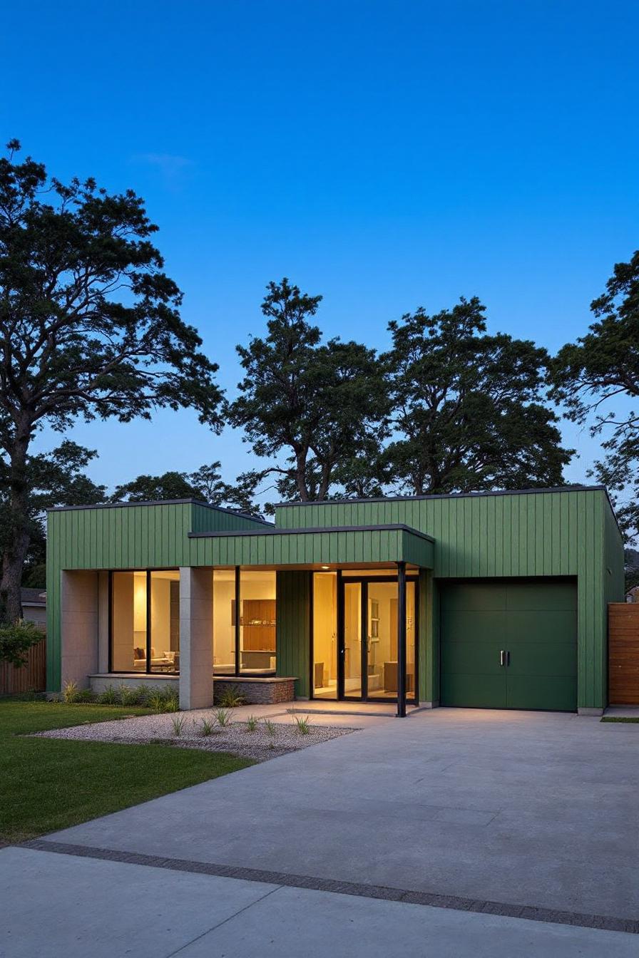 Green house exterior with illuminated interior seen at dusk