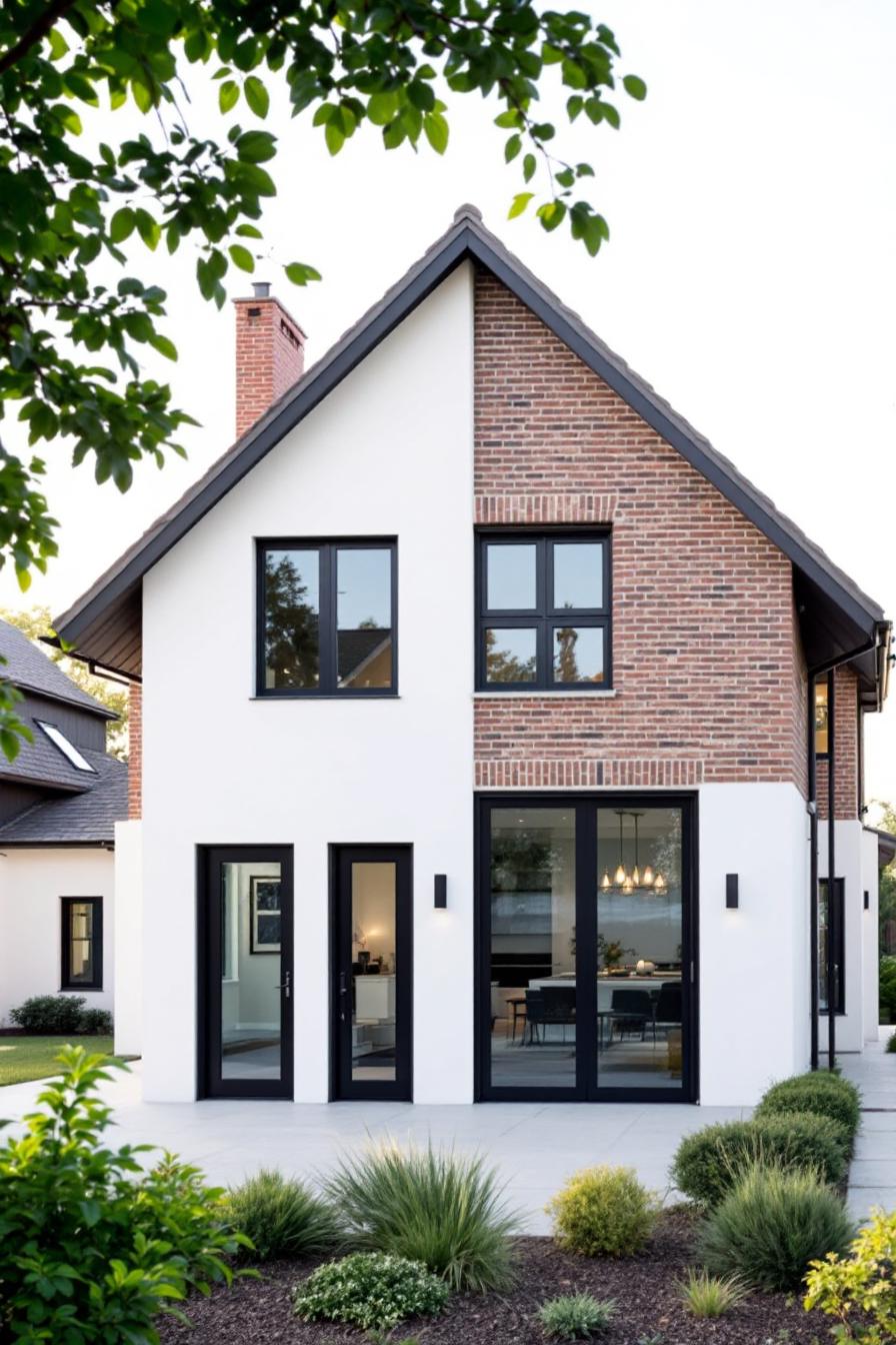 A cozy farmhouse with a mix of brick and white stucco