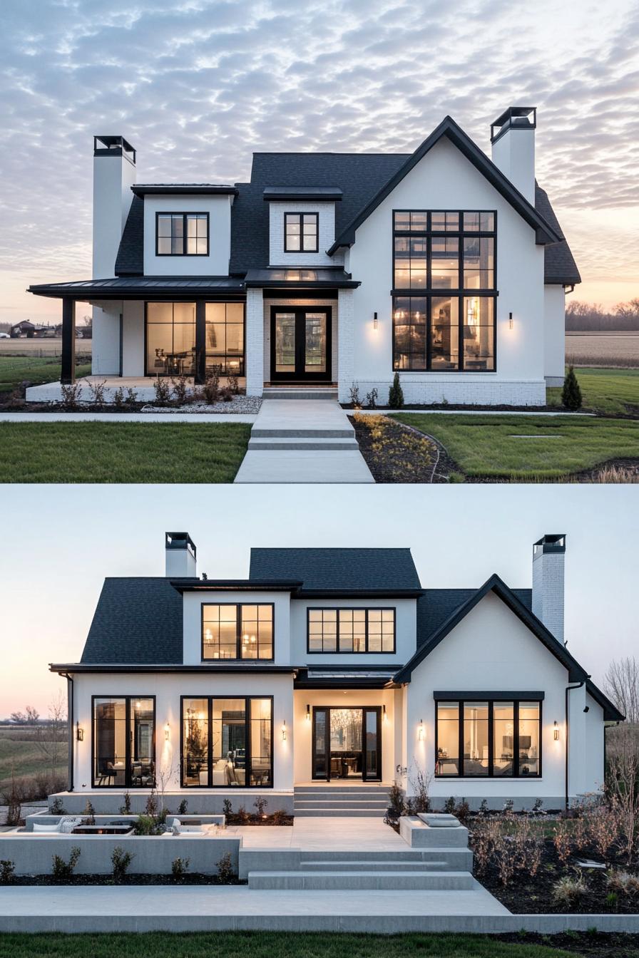 Stunning modern farmhouse with large windows and elegant design