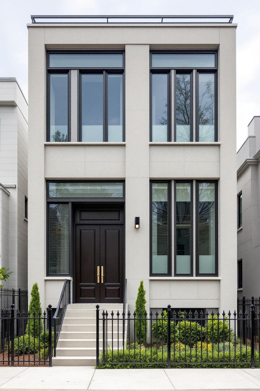 Front view of a modern neoclassical house with large windows and a dark door