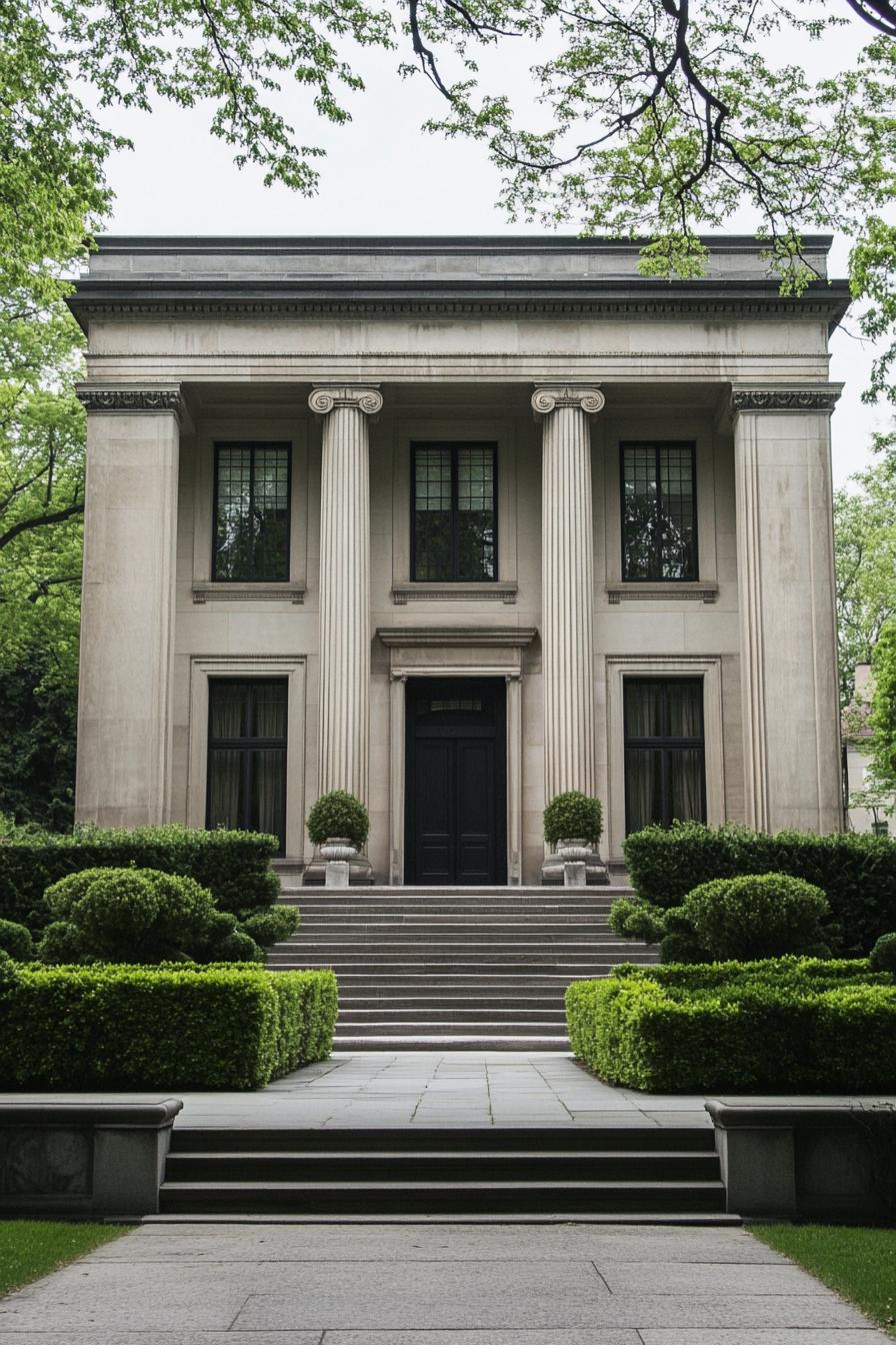 Elegant neoclassical house with lush greenery and grand columns