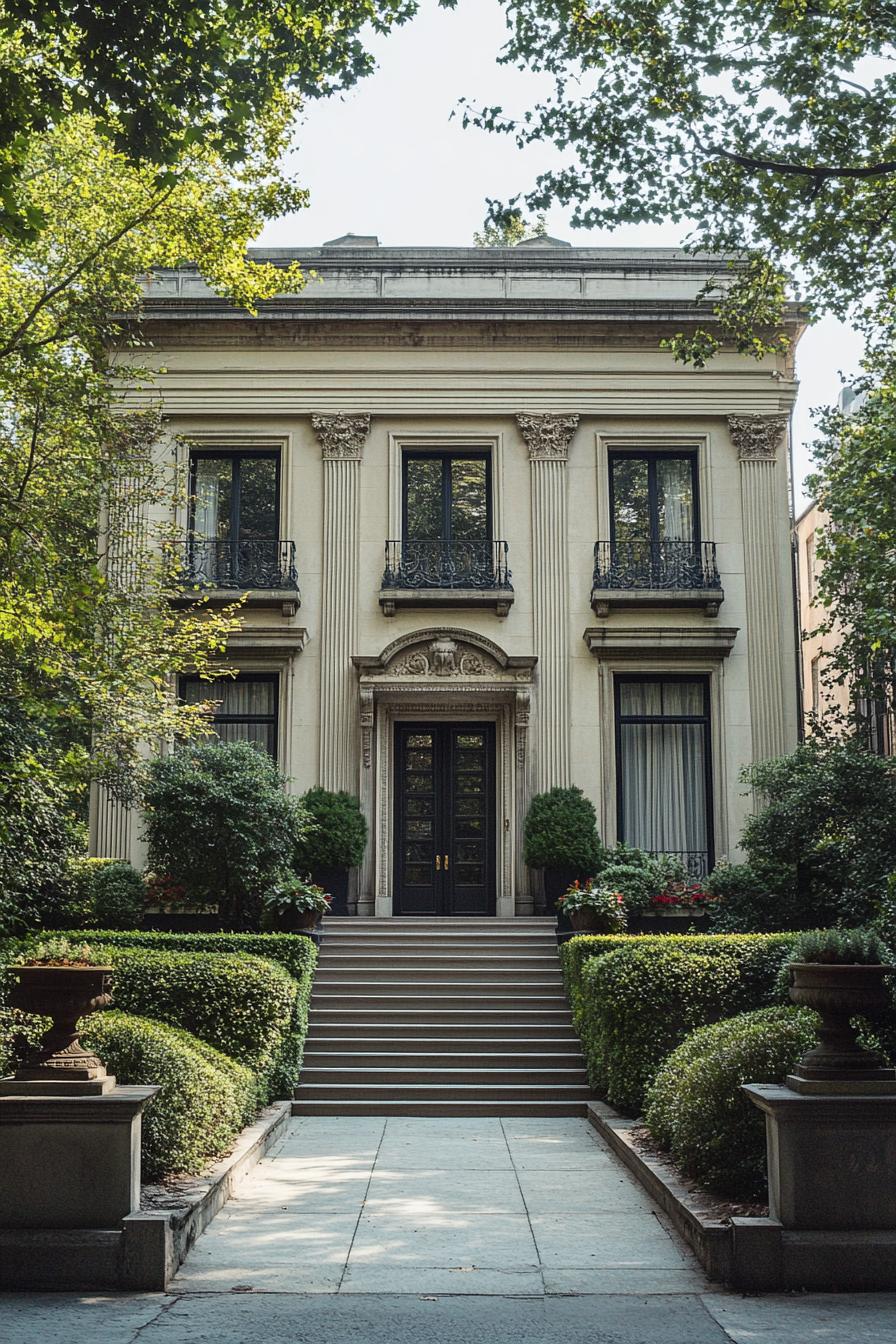 A stunning neoclassical house surrounded by lush greenery