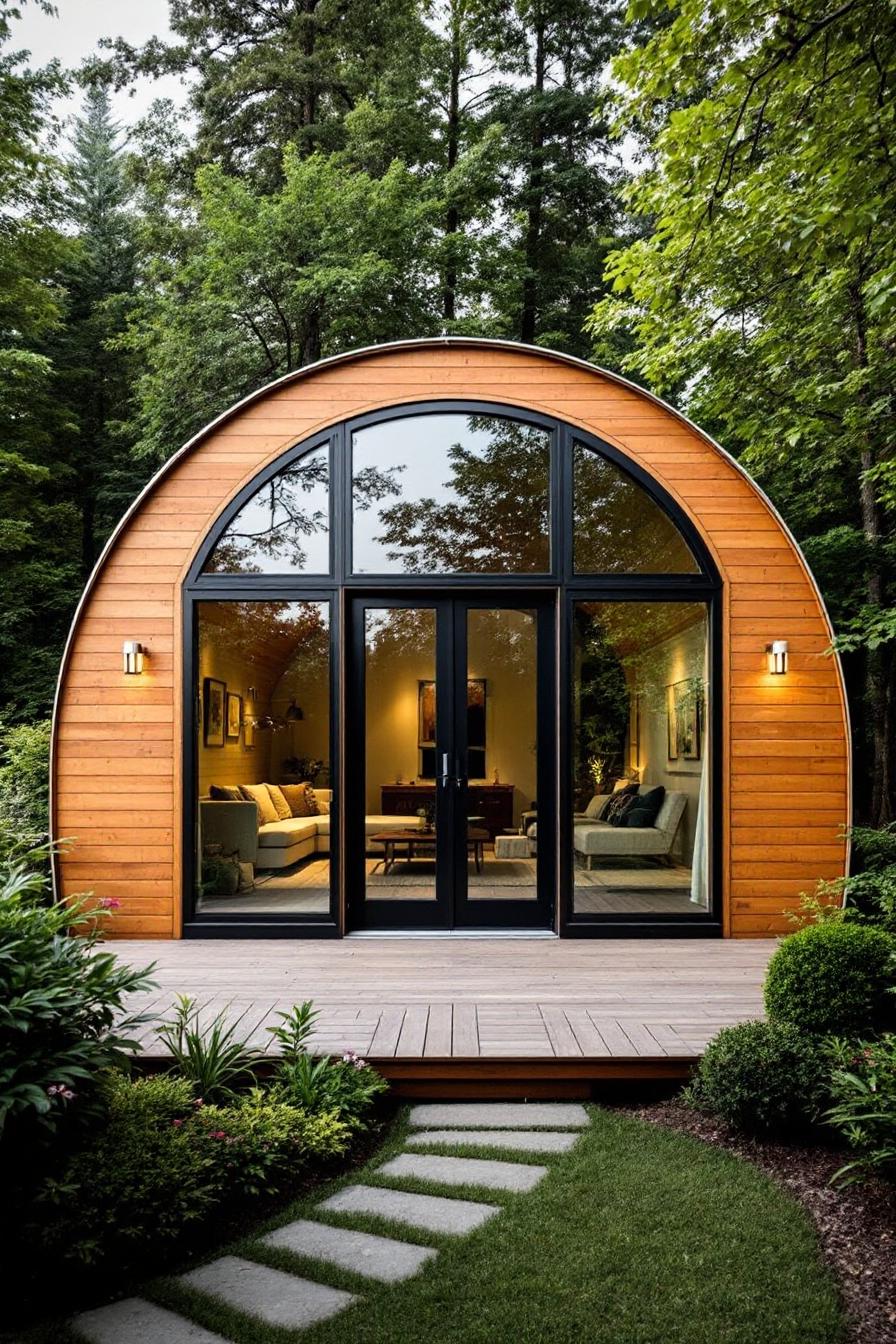 Wooden Quonset hut with glass doors in the forest