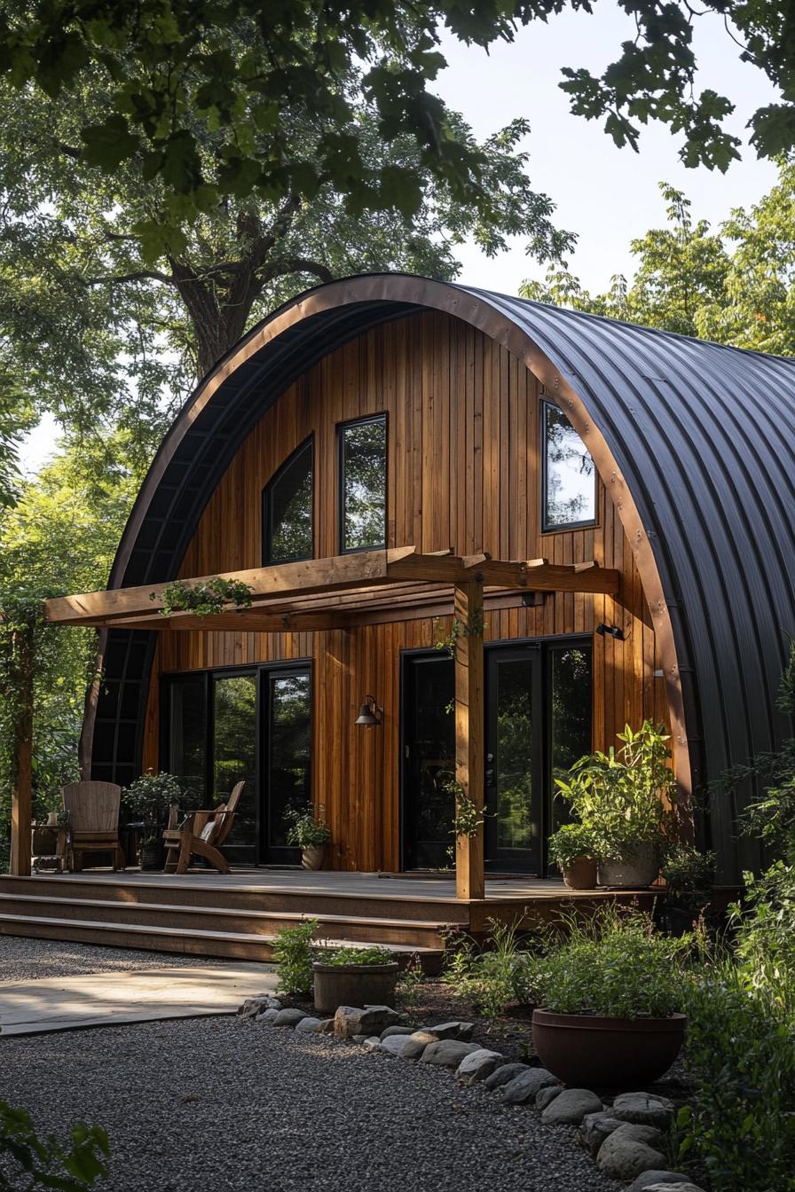 Quonset home with arched roof and wooden facade