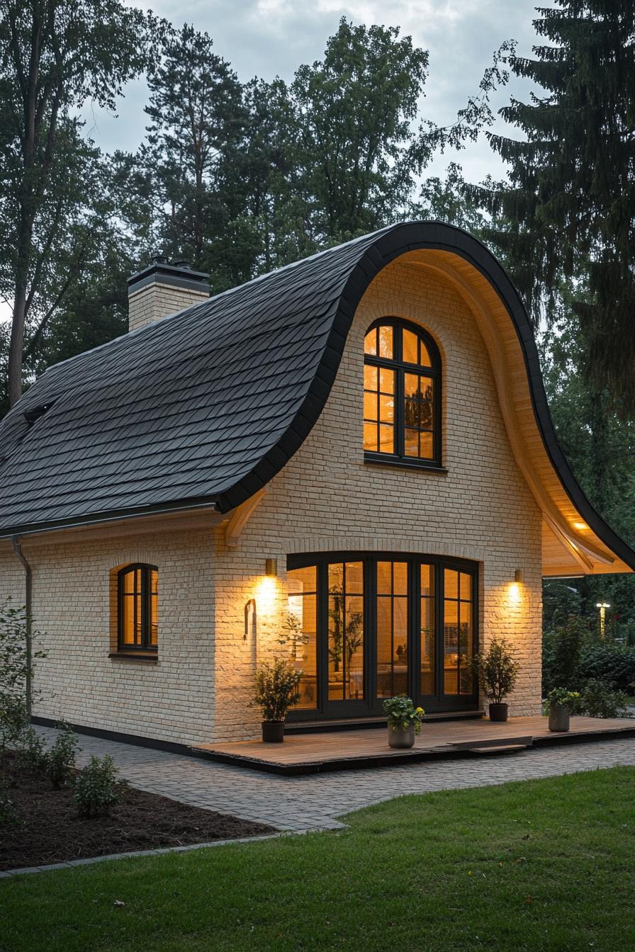 Cozy brick home with a unique wavy roof nestled among trees