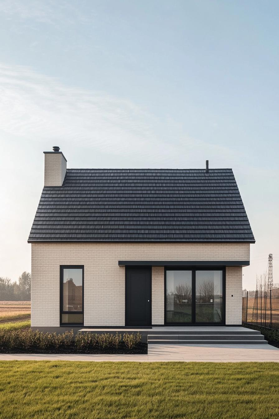 Compact, modern house with a sloped roof and chimney