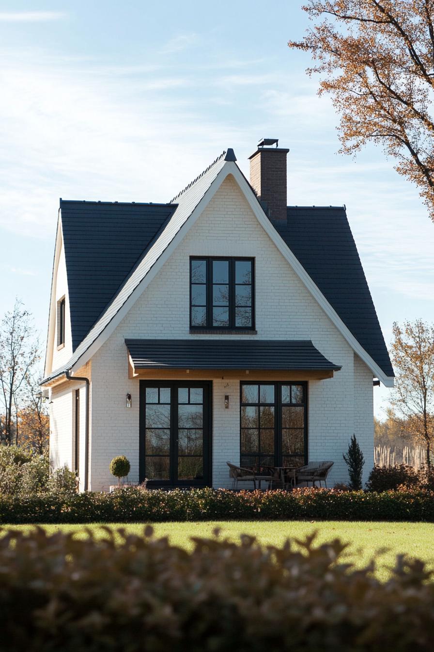 Cozy white brick house with a steep roof and black-framed windows