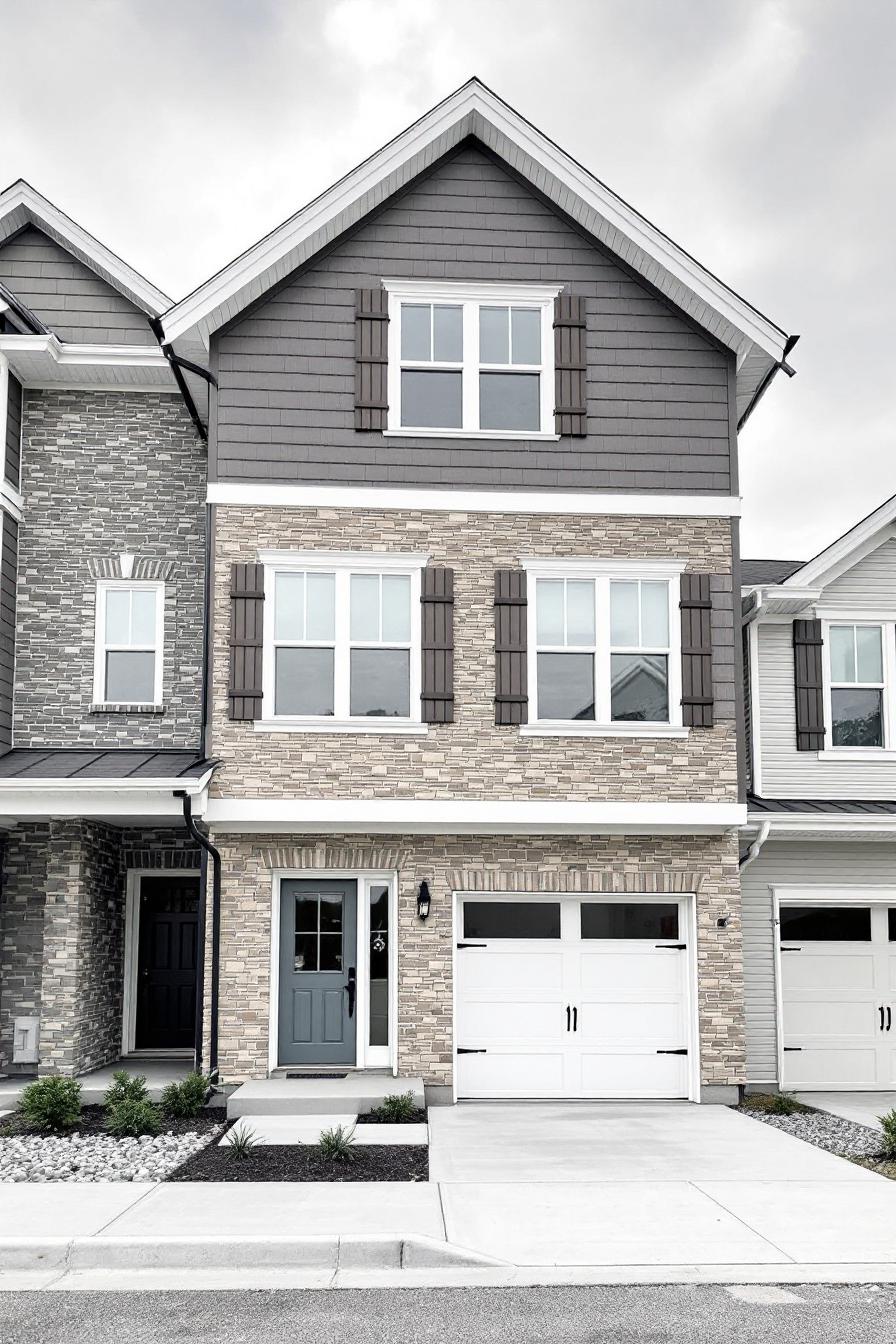 Three-story townhome with stone facade and white trim