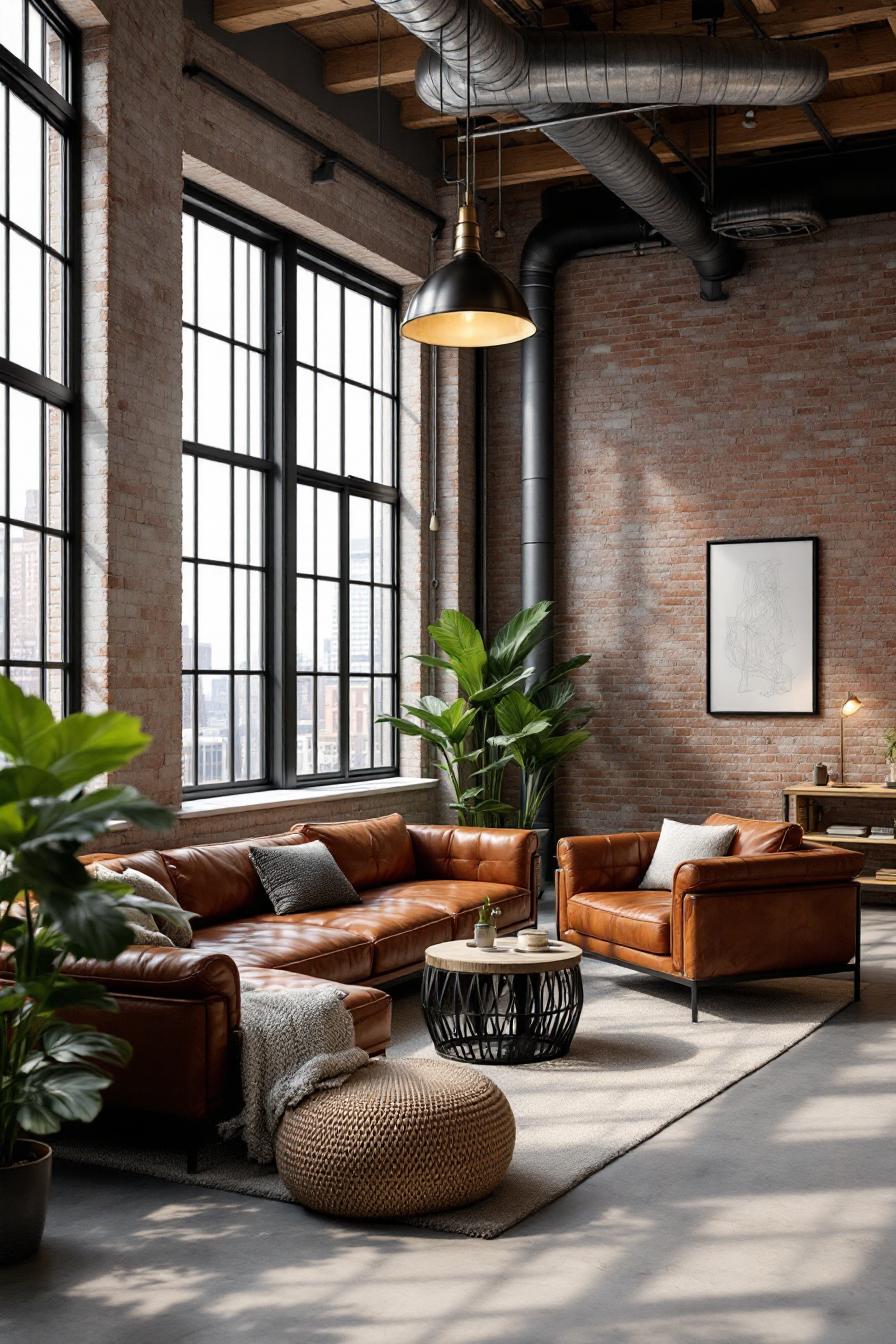 Sunlit loft with brick walls and leather furniture