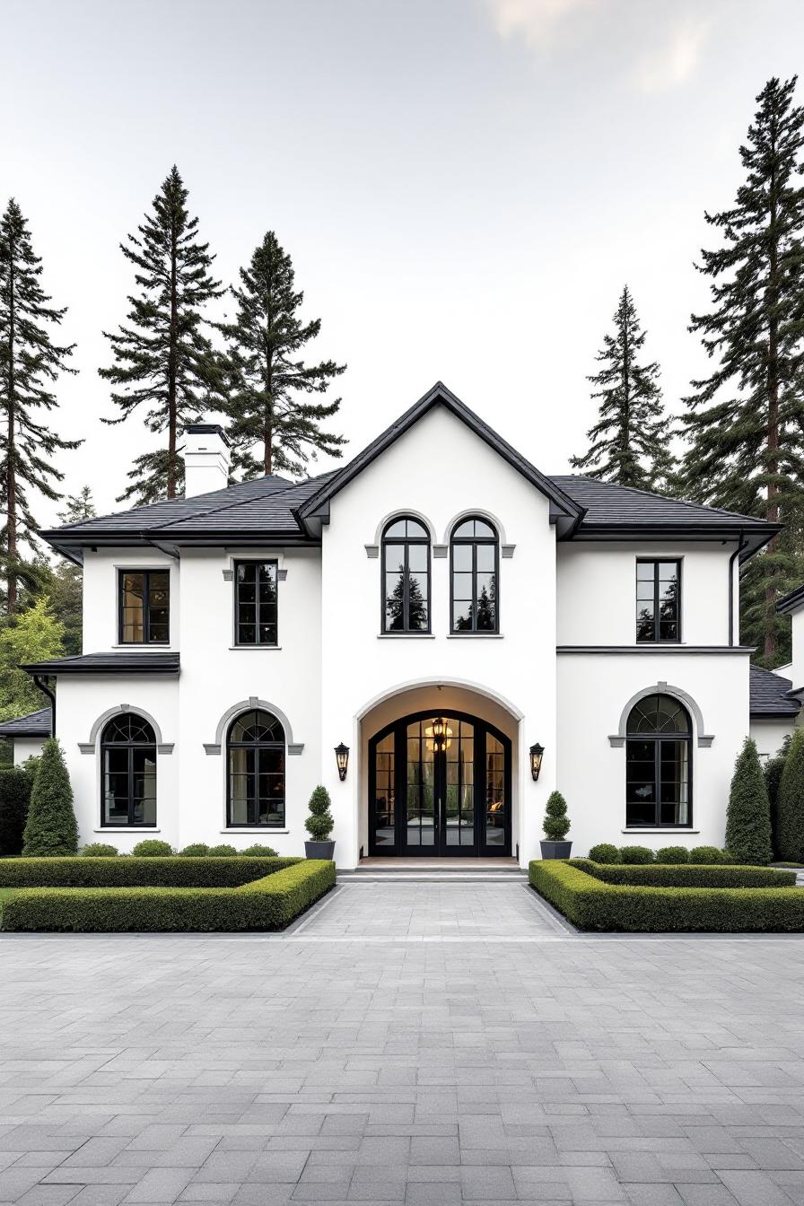 Elegant two-story white house with arched windows and manicured hedges