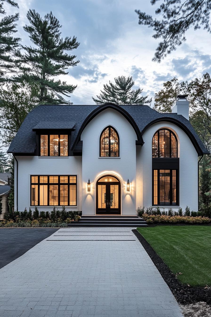 Elegant gabled home with large arched windows