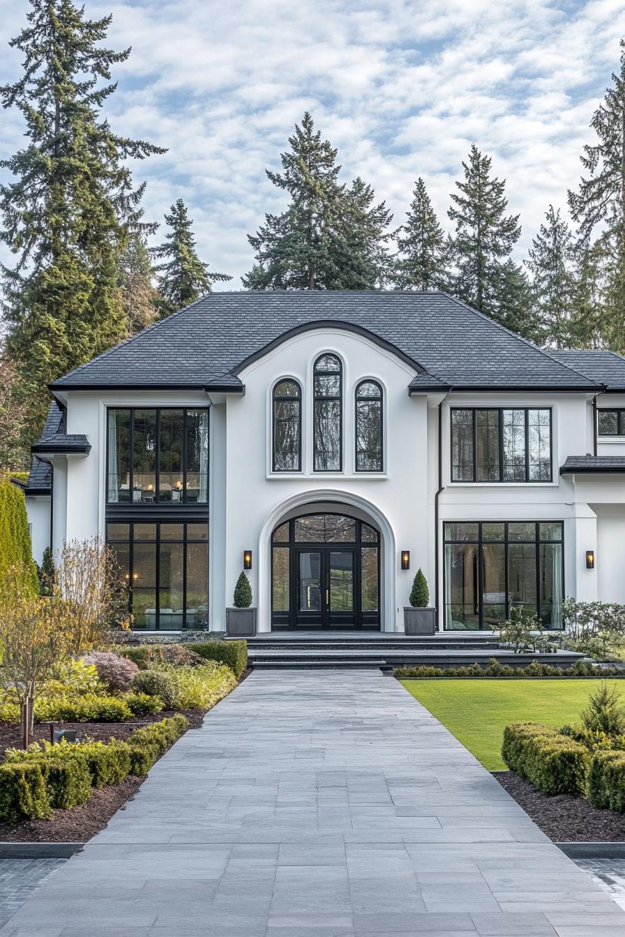 Modern white house with black accents and arched windows