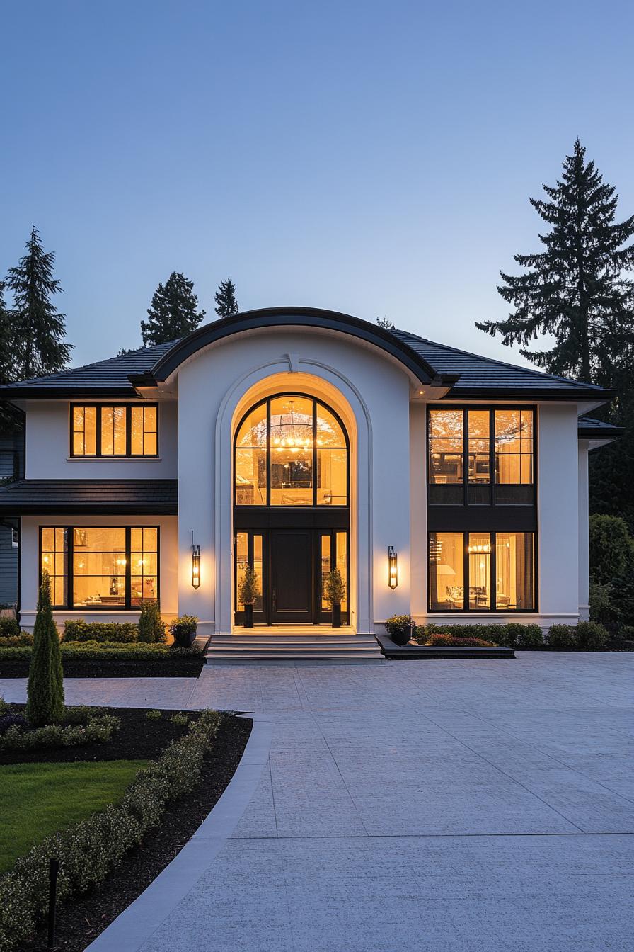 Contemporary home with large arched entrance lit warmly at dusk