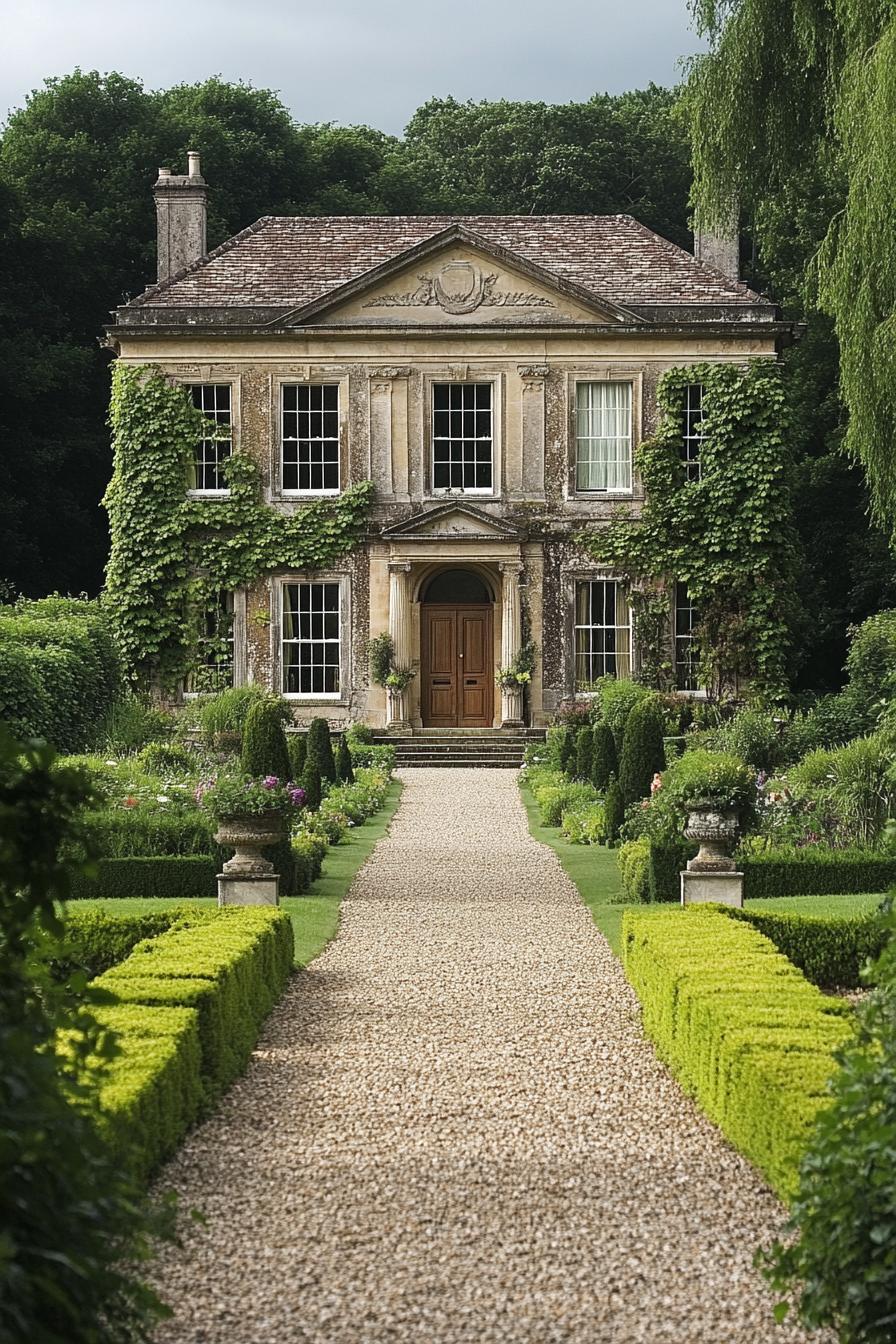 Grand mansion framed by lush greenery