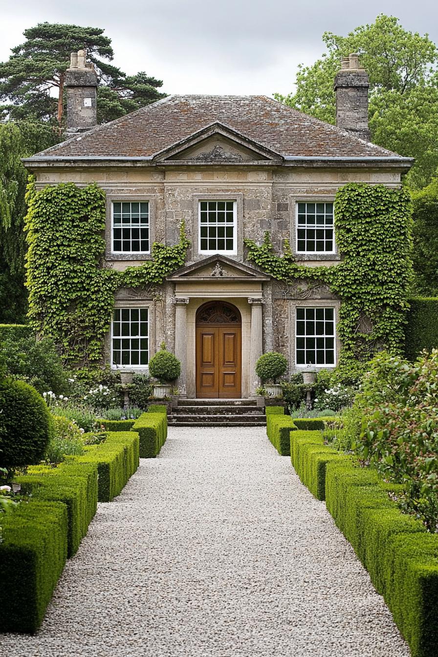 Stone house with climbing ivy and hedged garden path