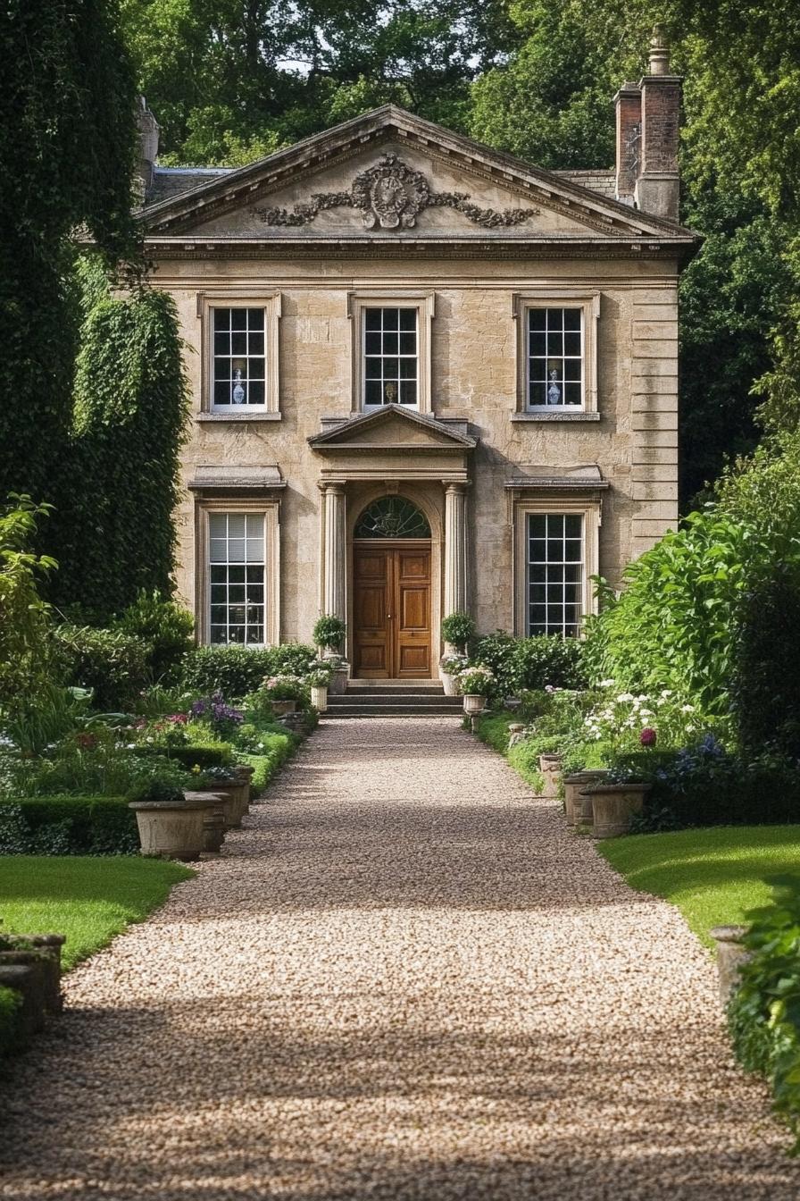 Elegant stone manor with trees and a garden path