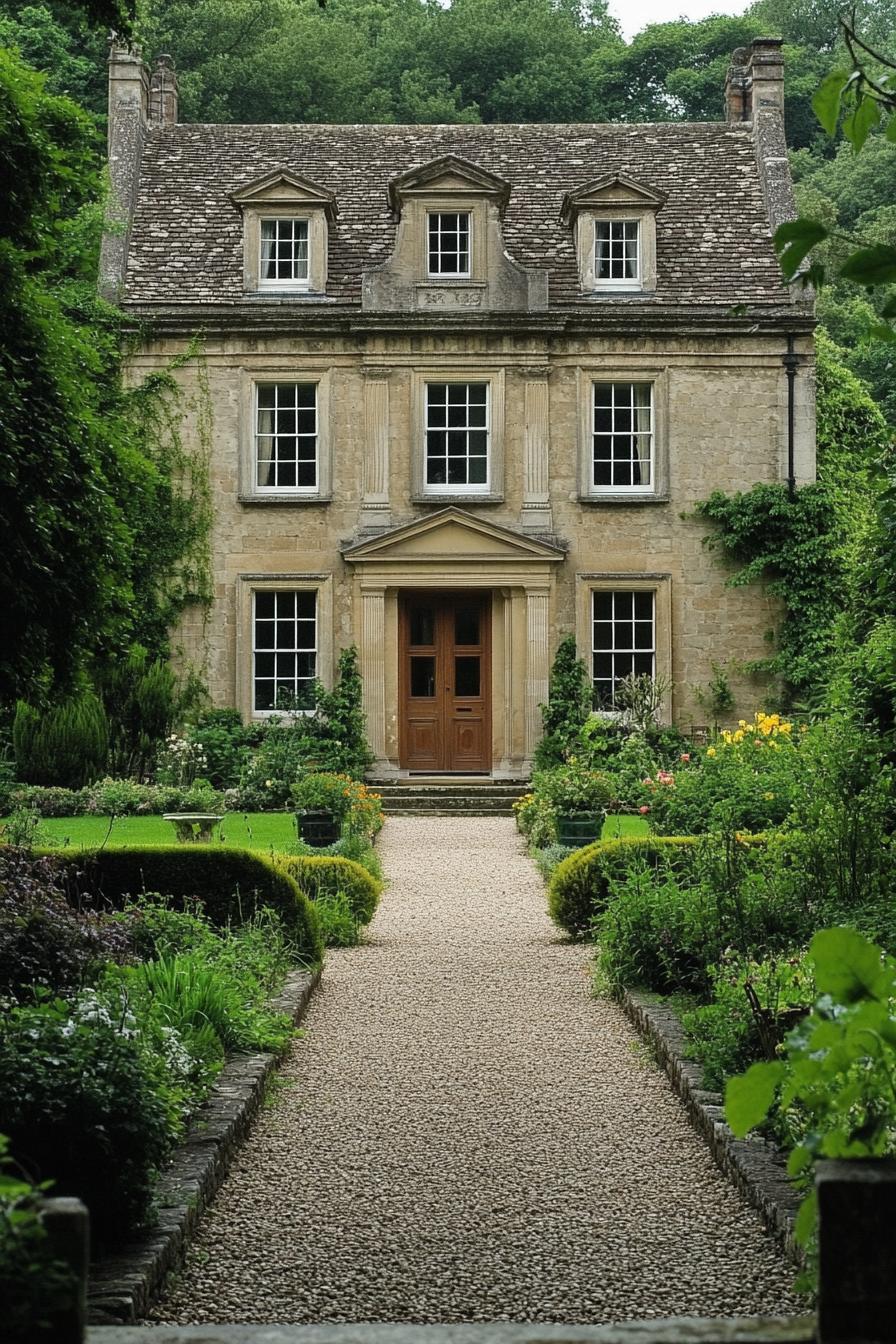 Classic stone house with a lush garden path