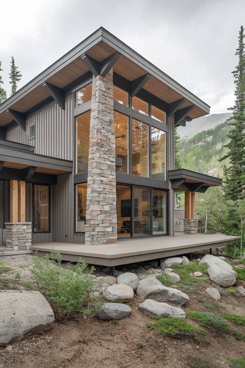 Mountain cabin with large windows and stone chimney