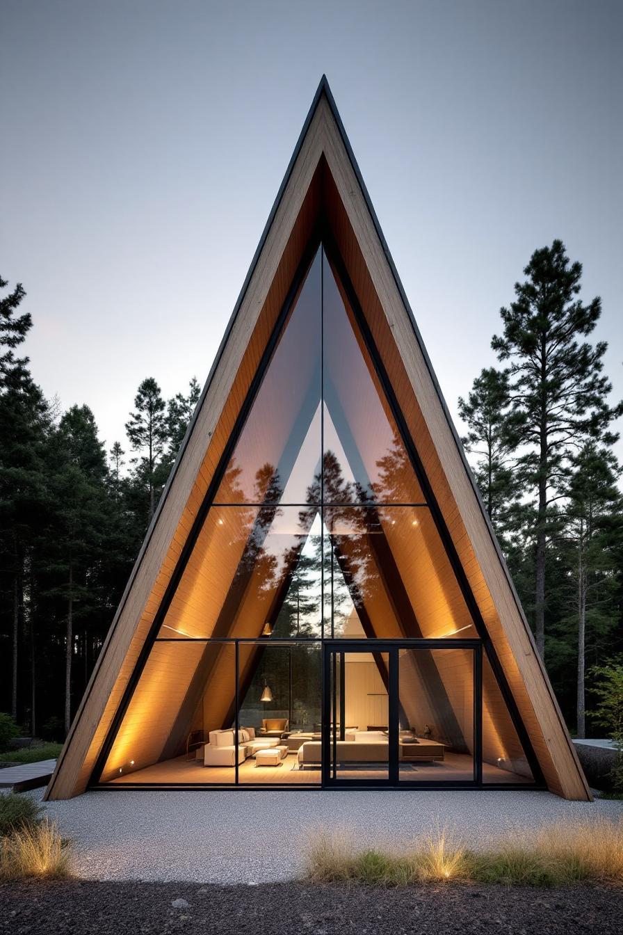 A wooden triangle house with large glass panels, nestled in the forest