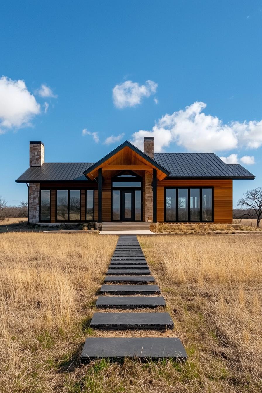 Modern ranch house with black roof and stone accents