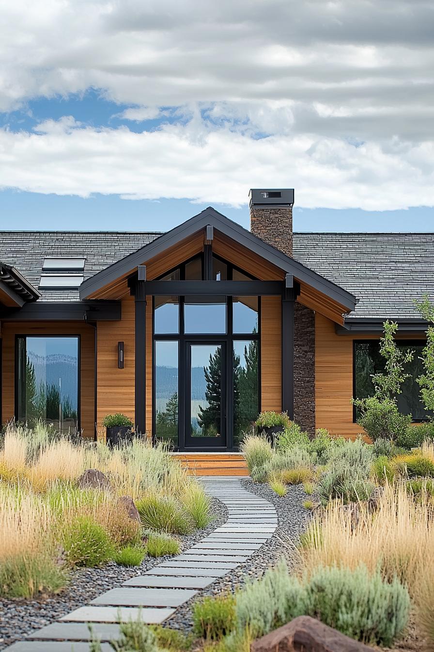 Front view of a modern ranch house with a stone path